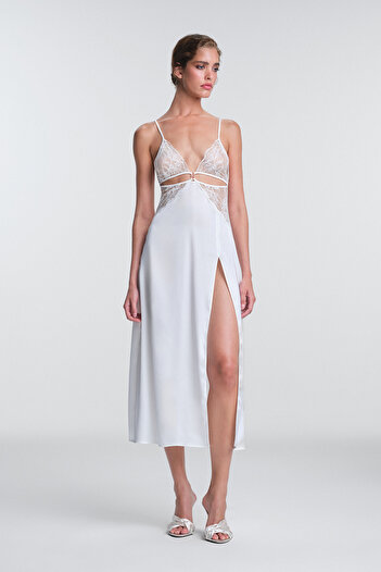 Penti Off White Scarlett Ruched V Neck Long Nightgown Without Underwire