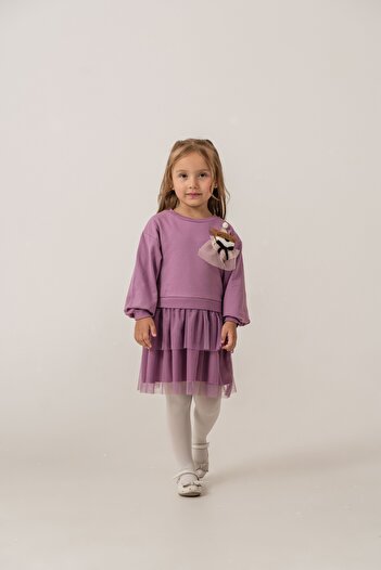 Eray Kids Kız Çocuk Çıkarılabilir Oyuncak Detaylı Tüllü Sweatshirt Mürdüm Elbise (3-4-5-6 Yaş)
