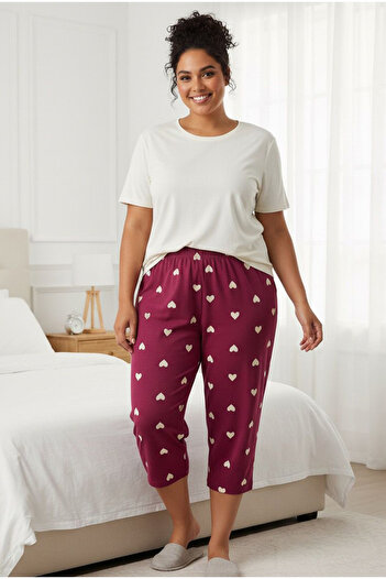 Siyah İnci Plum Heart Patterned Large Size Oversized Knitted Cotton Capri Set7900