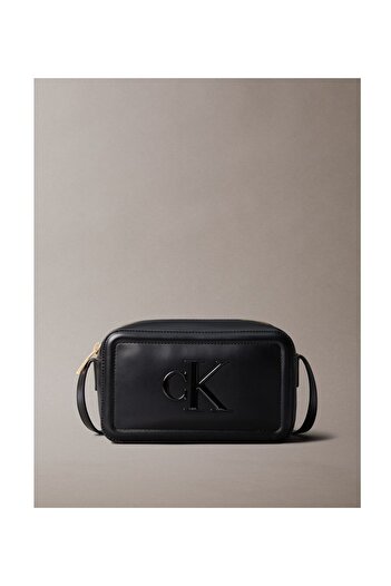 Calvin Klein Women Black Embossed Monogram Logo Camera Bag