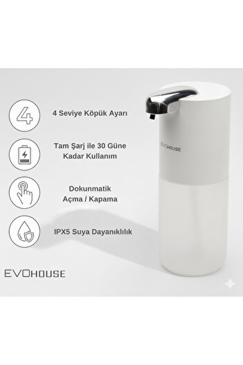 Evo House Otomatik Sensörlü Köpük Sıvı Sabunluk - Şarjlı- Duvara Monte - P12s Model