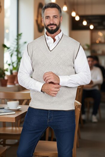 Kamalı Krem Erkek Çelik Örgü Intersiye Kışlık Kalın Triko V Yaka Triko Örgü Tüylenmez Süveter