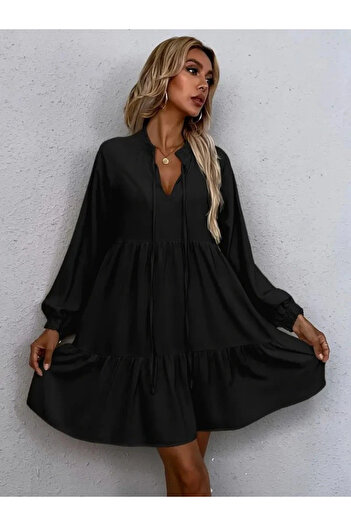 Silerra Women's Long Sleeve Neck Tie Ruffled Linen Mini Dress