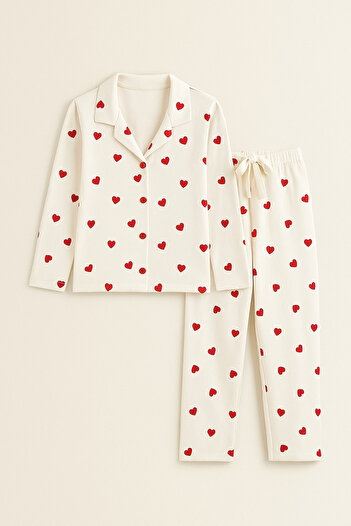 Katia&Bony Kız Çocuk Kalpli Pijama Takımı Ekru