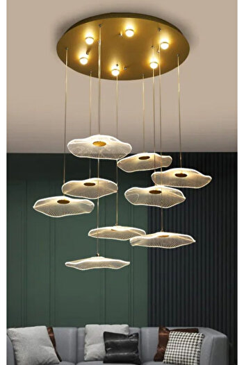 burenze Luxury Exclusive Dokuzlu Yuvarlak Sarkıt Led Avize Jellyfish Gold Sarı 9'lu Ledli Avize