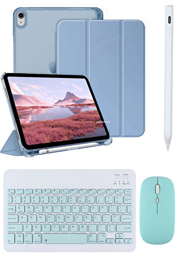 Covpor Apple iPad 11. NESİL A16 ve 10.NESİL 10.9 Uyumlu Flip Kılıf Gökyüzü+Bluetoothlu Klavye Mouse+Kalem
