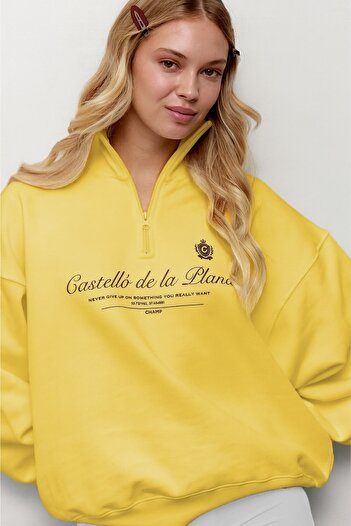The Champ Clothing Women's Oversize Sweatshirt Castelló De La Plana Printed Yellow – Half Zip, 3 Thread Fleece