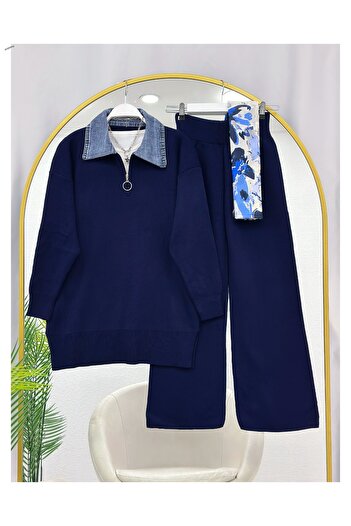 YEDİLALE Denim Collar Half-Zip Knitwear Double Suit