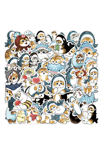 Miniso QT-236 50pcs Cute Shark Hooded Fun Cat Stickers Decals Decoration Suitcase Scrapbooking Laptop Phone