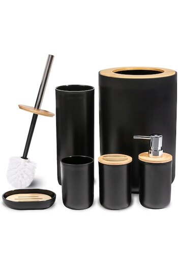 ZUNSEAT Bathroom accessories set, ZUNSEAT, with bamboo elements, 6 pieces, Liquid Soap Dispenser, Toothbrush Cup