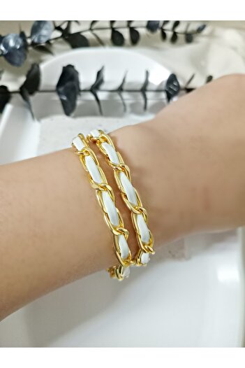 mos&more Steel White Leather Wrapped Bracelet, Women Men, Unisex