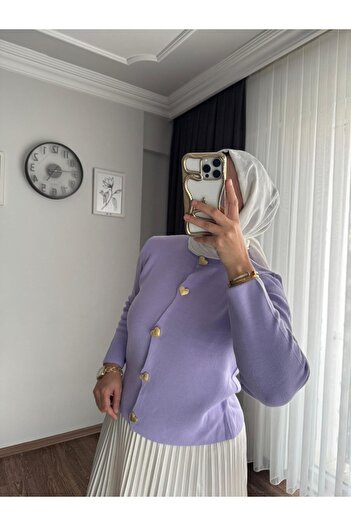 RFK Butik Γυναικεία Φούστα Πλεκτή Ζακέτα Τζαμάτσα με Χρυσό Κουμπί Καρδιά - Λιλά