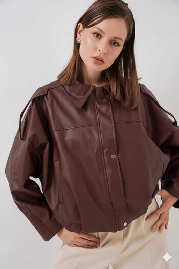 hazelin Women's Burgundy Oversize Zippered and Buttoned Side Pocket Faux Leather Jacket Hzl25W-Bd110551