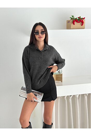 Jeevee Polo Neck Half Placket Sleeve Button Detail Knitwear Sweater