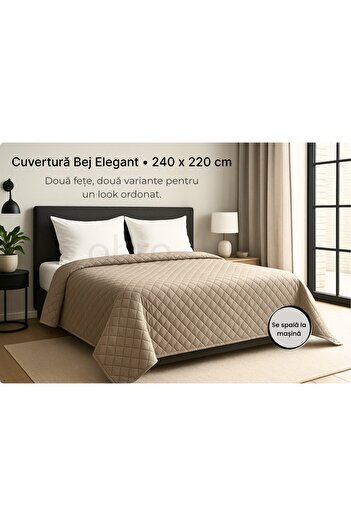 OBRO Reversible Quilted Bedspread 220x240 cm – Double-Sided, Washable, Elegant Beige Throw for Bed & Sofa