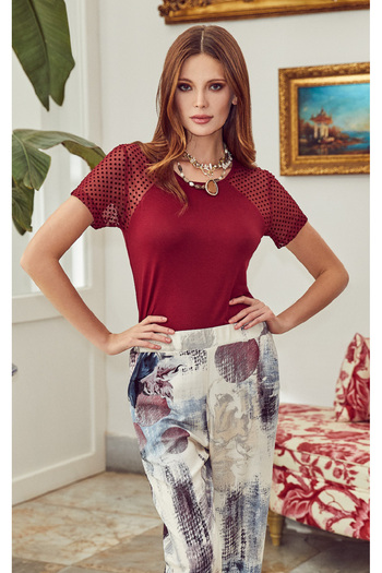 Stylish Soft burgundy pajama set with sheer polka dot top and matching printed pants