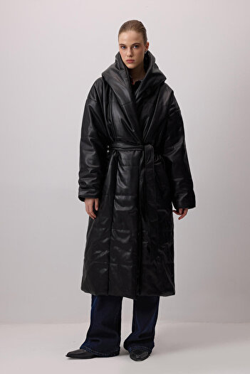 Touché Privé Hooded Maxi Vegan Leather Coat