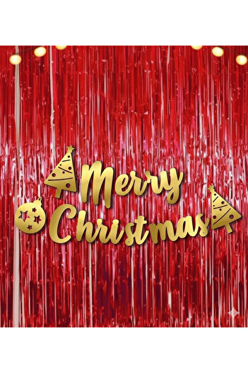 Deniz Party Store New Year Merry Christmas Calligraphy Lettering Red Metalized Curtain Set of 2