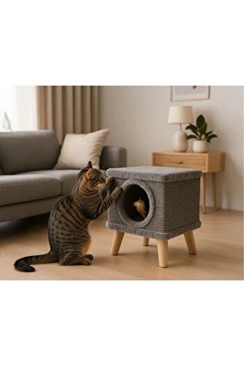 Purlov Gray cat house 38x32x32 cm with wooden legs – Comfortable bed for the cat