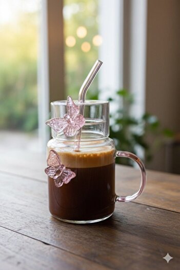 Qerhome Pine Cover with Butterfly Detail, Straw, Coffee and Water Drink Cup, Butterfly Dream, 500 ml