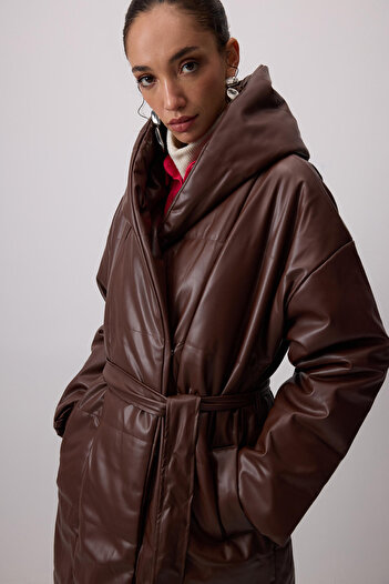 Touché Privé Hooded Maxi Vegan Leather Coat