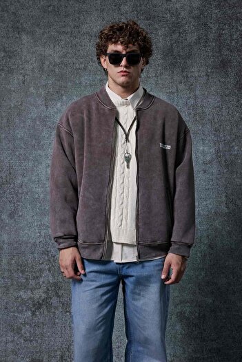 ablukaonline Men's Oversize Washable Zippered Sweatshirt Brown