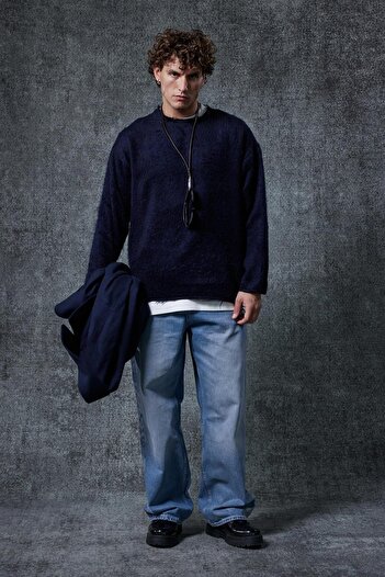 ablukaonline Men's Wool Relax Fit Knitwear Sweater Navy Blue