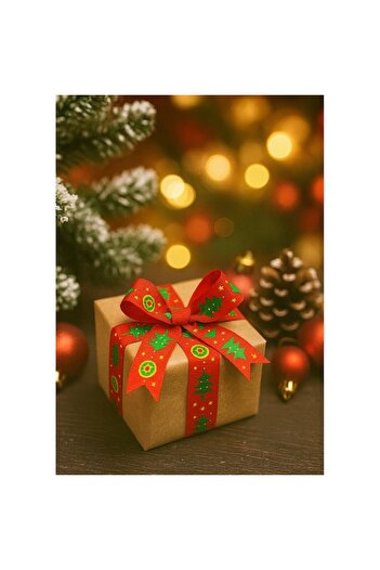 OEM Decorative ribbon with fir trees, for packaging, gifts, decorations, 2.5 cm wide, 2.7 meters, red