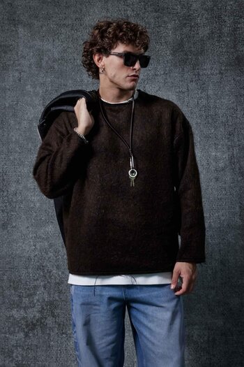 ablukaonline Men's Wool Relax Fit Knitwear Sweater Brown