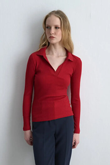 Gusto Polo Collar Cotton Knitted Blouse - Red