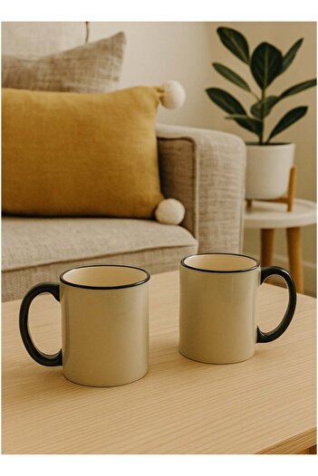 SUPPLIER Ceramic Coffee Mugs Set of 2, Cream with Black Handle | 500ml Tea & Coffee Cups | Modern Stylish Des