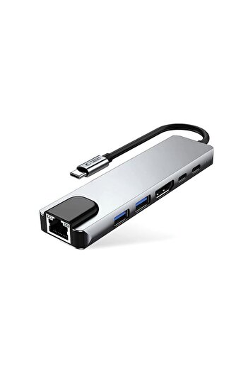Other Adaptor HUB 6w1 USB-C USB-A HDMI RJ45 4K 30Hz PD 100W - szary
