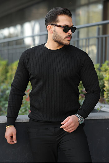 comstar Men's Crew Neck Long Sleeve Black Knitwear Sweater