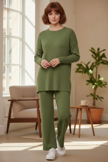 EYYE Cotton Ribbed Women's Blouse Trousers Double Set