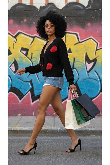 NİLZA Hand-Knitted Special Design Knitwear Cardigan with Strawberry Motif