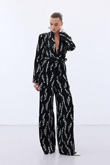 Sateen Patterned Wide Leg Trousers - Black