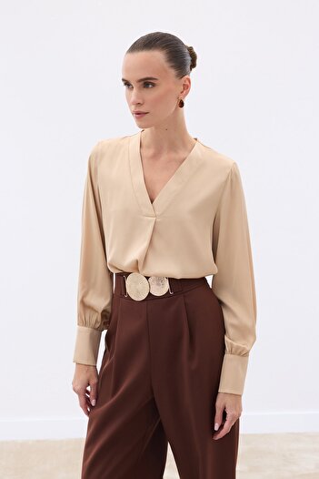 Sateen V-Neck Satin Blouse - Camel