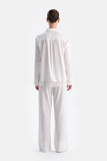 Dagi White Lace Detailed Satin Bride Shirt