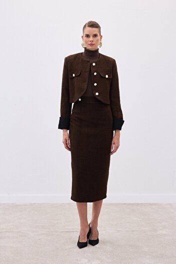 Sateen Tweed Pencil Skirt with Ornamental Buttons - Brown
