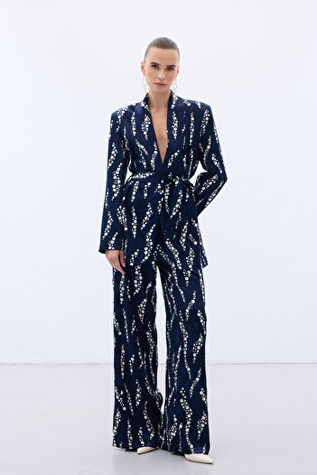 Sateen Patterned Wide Leg Trousers - Navy Blue
