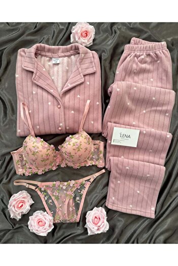 Lena Homewears Women's Patterned Buttoned Premium Termosoft Pajama Set with Underwear
