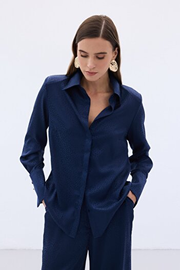 Sateen Jacquard Plain Shirt - Navy Blue