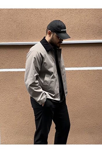 STONCS Men's Beige Contrast Collar Oversize Jacket
