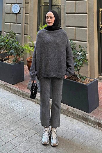 lamelif Stand Collar Balloon Sweater Anthracite