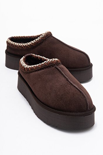 LuviShoes Avelia Brown Suede Genuine Leather Stitched Women's Thick Soled Winter Slippers