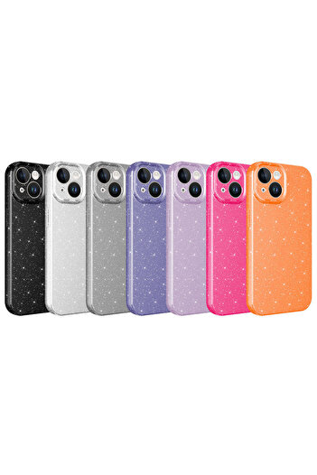 Aden iPhone 15 Plus Compatible Camera Protected Glitter Luxury Cotton Case-Orange