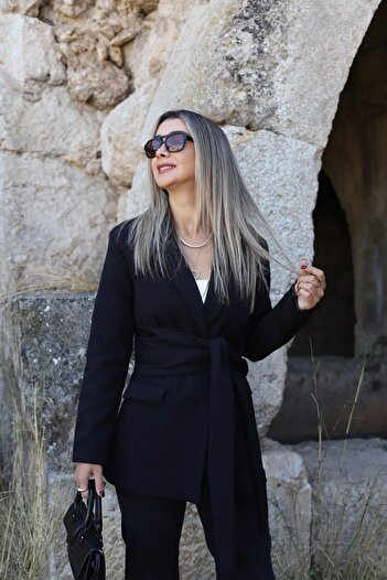 bytugcekaya Black Thick Belted Tie-Up Blazer Jacket