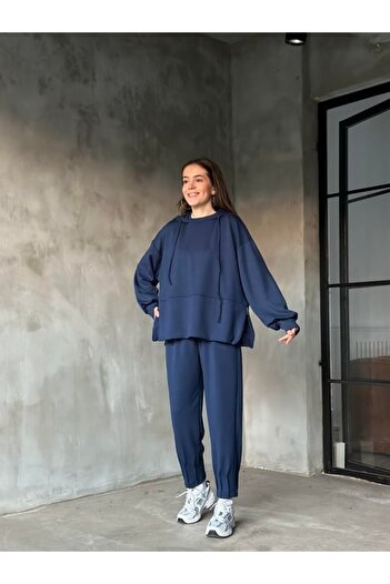MAMAYAGA Women's Oversized Zippered Hooded Sweatshirt Pleated Leg Suitable for Hijab Sporty Stylish Tracksuit Set