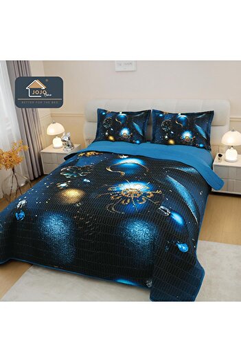 JOJO HOME 5D Bedspread Set + 2 Pillowcases, Digital Printing, Blue Globes