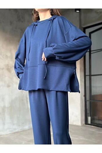 MAMAYAGA Women's Oversized Zippered Hooded Sweatshirt Pleated Leg Suitable for Hijab Sporty Stylish Tracksuit Set